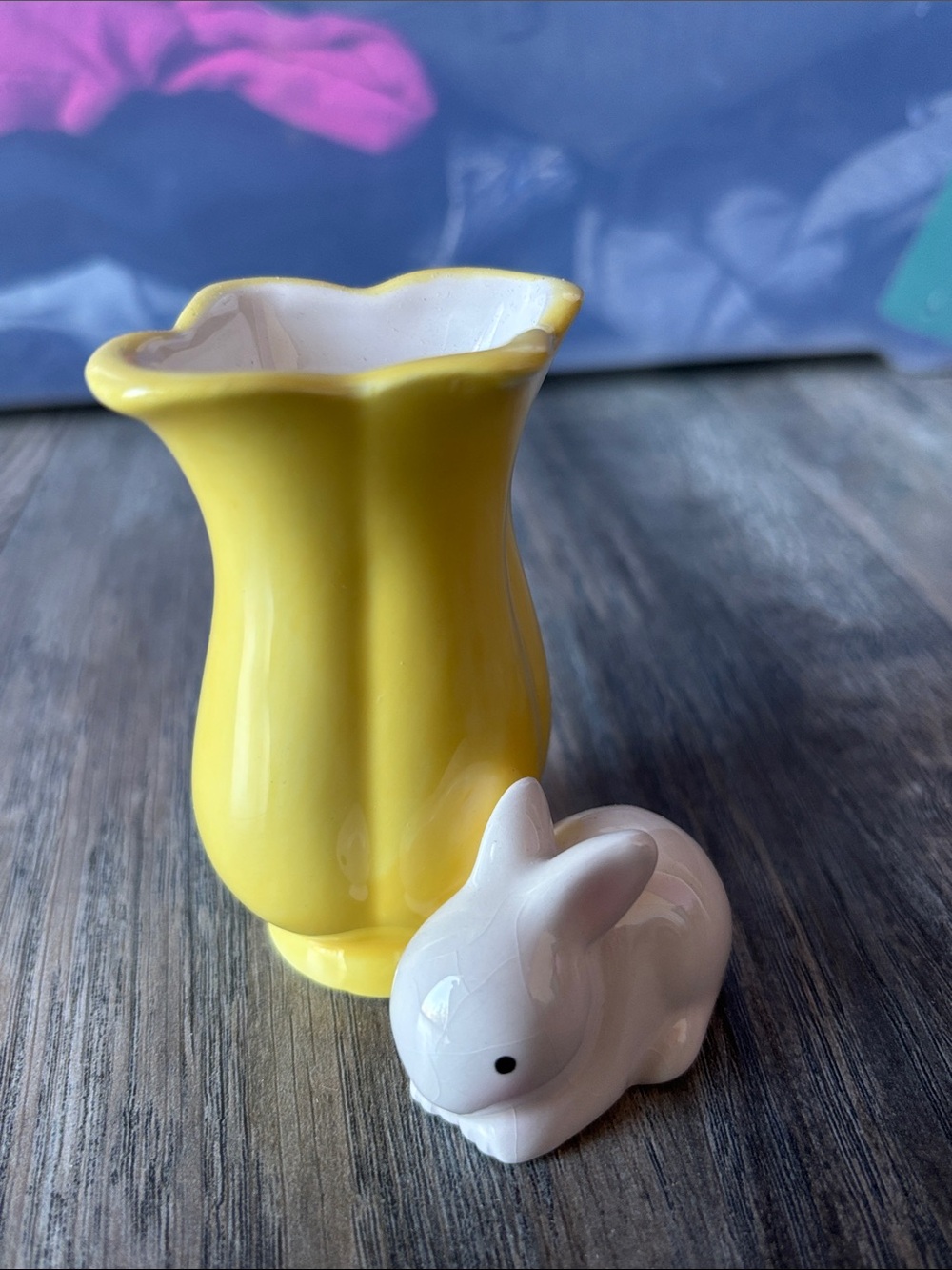 Hallmark Yellow Ceramic Vase with White Bunny Figurine